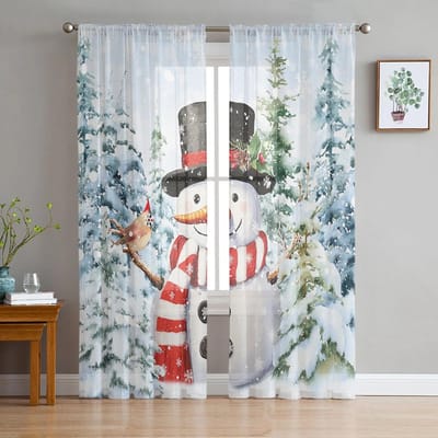 Kerst Sneeuwscène Sneeuwman Transparante Gordijnen voor Woonkamer Decoratie Raamgordijnen Keuken Tule Voile Gordijnen W135 x H115cm x1 white