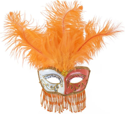 Oogmasker - Venetiaans - Gran gala - Oranje, wit en goud - Met veren