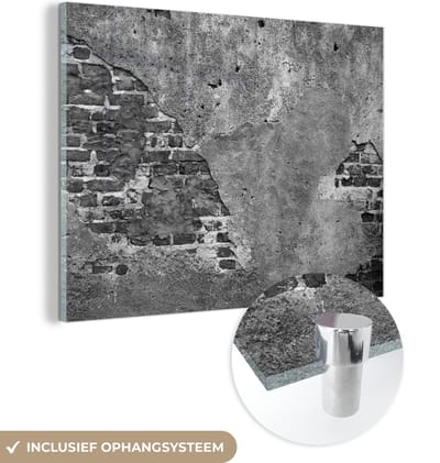 Glasschilderij zwart wit - Muur - Baksteen - Cement - Beton - Zwart - Wit - 160x120 cm - Schilderij glas - Kamer decoratie