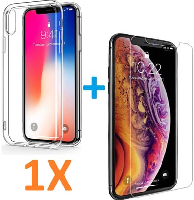 Soft TPU Transparant hoesje Silicone Case + 1 stuk Glas Screenprotector -  Geschikt voor: iPhone X / XS