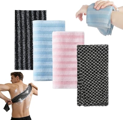 Strandlaken - Badhanddoeken -Set van 4 Japanse scrubdoeken, antibacteriële douchehanddoek voor dieptereiniging, extra lange rugscrubber voor bad en sauna, exfoliërende rugscrubber voor dames en heren (4 kleuren)