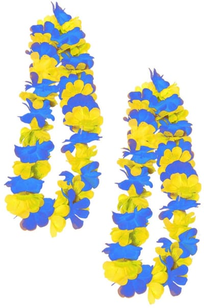 PartyXplo Carnaval Feest krans - 2x - hawaii slinger/krans - blauw/geel - carnaval/thema feesten