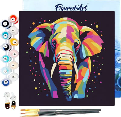 Figured'Art Mini Schilderen op Nummer Volwassenen 20x20cm met lijst Olifant Abstracte Pop-Art - Klein Formaat Creatieve Hobby Kit DIY Art Nummer Compleet