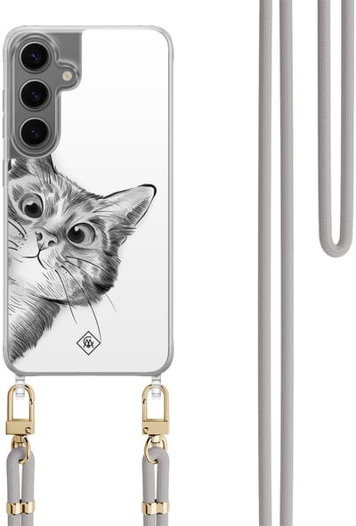 Casimoda® hoesje met koord - Geschikt voor Samsung S24 Plus - Peekaboo Kat - Afneembaar koord - TPU/polycarbonaat - Grijs