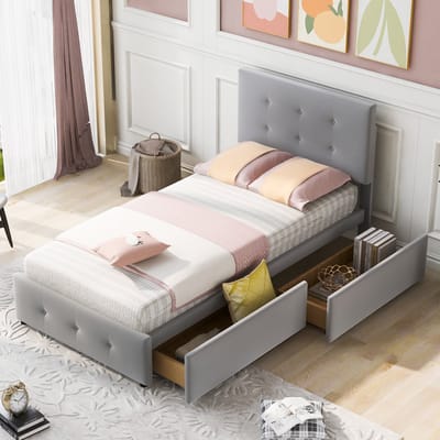 DESMIU Gestoffeerd Bed 90x200cm – Eenpersoonsbed Met Verstelbaar Hoofdbord – Bed Met Lade Voor Opbergruimte – Voor Jeugdkamer En Logeerkamer – Grijs Zonder Matras