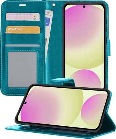 Hoesje - Met Pasjeshouder - Geschikt voor Samsung Galaxy S24 FE - Luxe Bookcase Portemonee - Flip Case - Kunstleer Book Case - Flipcase - Book Cover - Walletcase - Portemonneehoes - Telefoonhoesjes - Turquoise