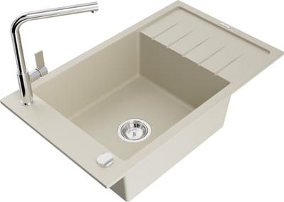 Mexen Elias granieten gootsteen 1-kompartiment met afdruipplaat en keukenmengkraan Flora, beige - 6511-69-670401-00