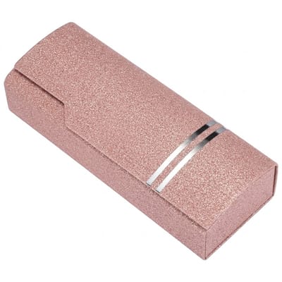 Roze glitter brillen koker unisex met magneet sluiting en zilverkleurige strepen – hardcase brillenkoker voor dames en heren – beschermende opberg case voor zonnebril en leesbril