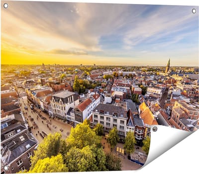 Gards Tuinposter Groningen Skyline Stad bij Zonsondergang - 80x60 cm - Tuindoek - Tuindecoratie - Wanddecoratie buiten - Tuinschilderij