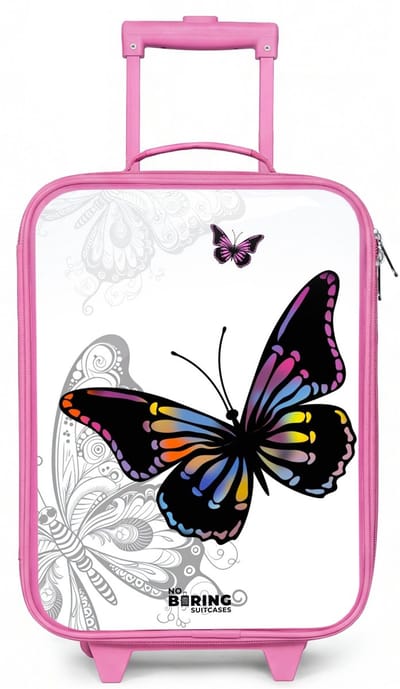NoBoringSuitcases.com® - Kinderkoffer roze - Kindertrolley meisje - Petal papillon - Koffer kind lichtgewicht - Reiskoffer trolley voor kinderen - Koffertje met lichtgevende wieltjes - Rolkoffer