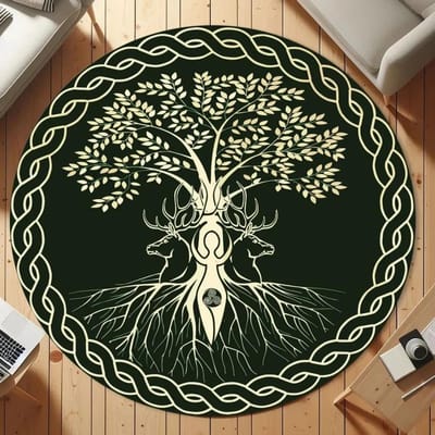 Levensboom Rond Kleed Natuur Mandala Kleed Oud Spiritueel Decor Tapijt Meditatie Ruimte Kleed Wasbaar en Antislip Vloermat Diameter 60cm(23in)