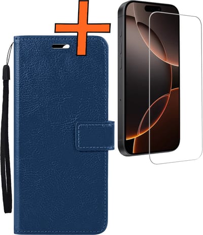 Hoes - Met Screenprotector - Geschikt voor Apple iPhone 16 Pro - Luxe Pasjeshouder - Bookcase Portemonee - Flip Case - Kunstleer Book Case - Flipcase - Book Cover - Walletcase - PortemonneeHoes - Donkerblauw