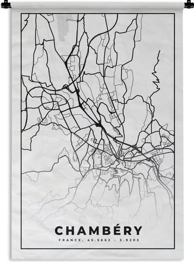 Wandkleed - Wanddoek - Kaart - Stadskaart - Frankrijk - Chambéry - Plattegrond - Zwart wit - 120x180 cm - Wandtapijt