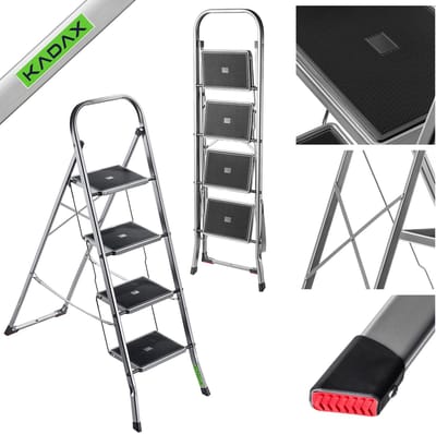 KADAX Vouwladder van staal, trapladder met draagvermogen tot 150 kg, ladder met klapbeveiliging, leuning met antislip treden (4 treden)