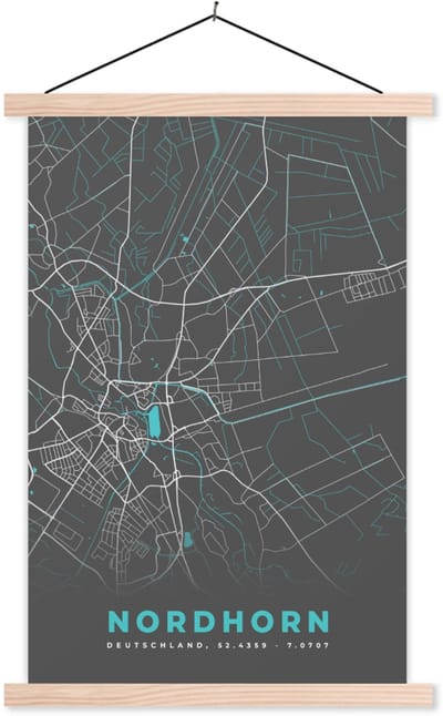 Posterhanger incl. Poster 40x60 cm - Schoolplaat - Duitsland – Blauw – Nordhorn – Stadskaart – Kaart – Plattegrond - Textielposter - Blanke latten - Stadskaart
