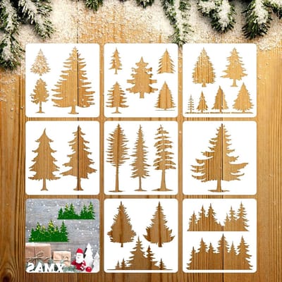 Set van 8 Stencils voor Dennenbomen - Sjablonen voor Kunst en Decoratie op Hout, Winterse DIY Wand- en Vloerdecoratie (6 x 6 inch)