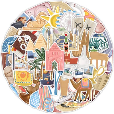 Sticker pakket met Thema Reizen - 50 stickers met Vakantie items - Voor Laptop, Reisdagboek, Koffer etc. 4x7CM