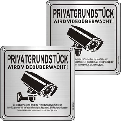 Videobewaking borden met DSGVO-notitie - 15x15 cm zelfklevend metaal - 2 stuks
