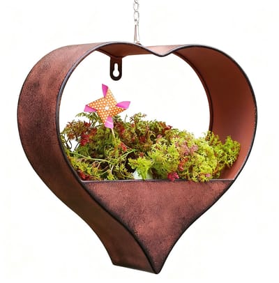 Hangpot Muurbloempot voor Binnen & Buiten Wanddecoratie – Tuin & Interieur – Met Vintage Hartvormig Metalen Frame – Roestbestendig, Ruimtebesparend & Stijlvol - IJzer - Bruin - 26.4x9x26.9 cm