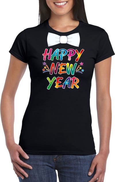 Happy new year t-shirt - met vlinderstrikje - voor oud en nieuw - dames - zwart - Nieuwjaarsborrel kleding S