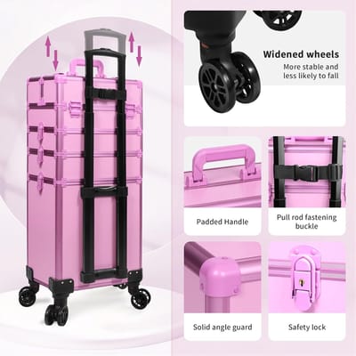 Make-up Koffer - Cosmetica Trolley - Professioneel Gebruik - 5-in-1 Modulair - Verstelbare Stang - Roze