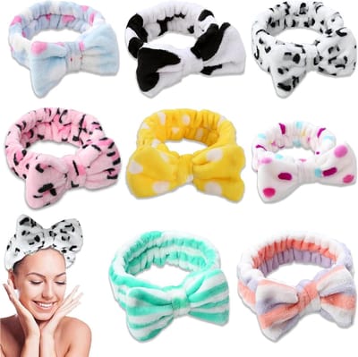 Set van 8 Haarbanden met Strikjes van Koraalfleece voor Make-up, Sport en Douche - Ideaal voor Huidverzorging en Haarstyling