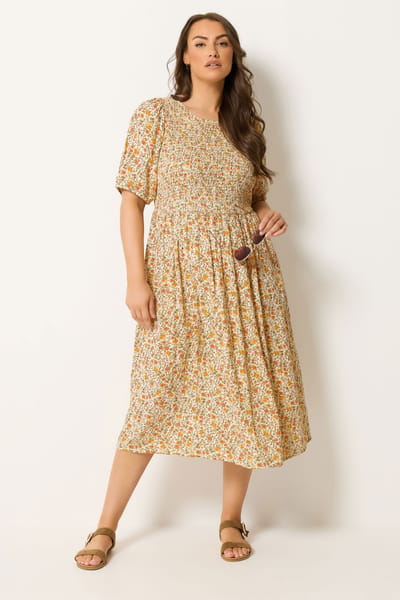Yours Gele Jurk Met Kleine Bloemenprint En Plooitjes Size 54-56