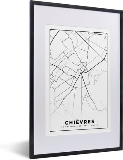 Fotolijst incl. Poster Zwart Wit- Kaart – Plattegrond – Stadskaart – Chièvres – België – Zwart Wit - 40x60 cm - Posterlijst