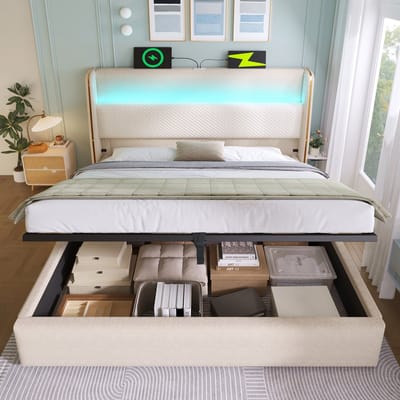 140x200 cm tweepersoonsbed - hoog hoofdeinde - met LED-verlichting - opbergruimte en USB/Type-C-aansluiting - beige - zonder matras