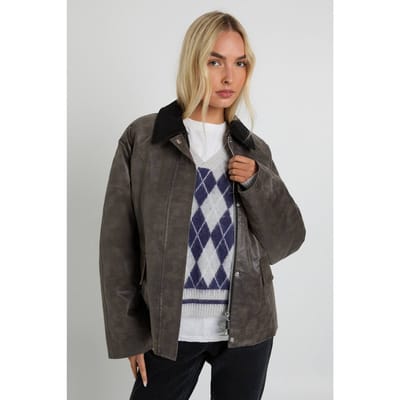 boohoo Dames Suede-look jas met contrasterende stiksels en kraag | Charcoal | Maat: 8