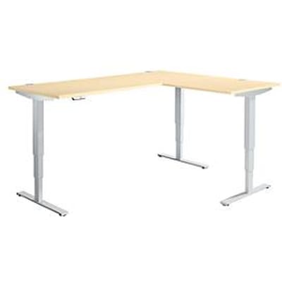 AERO FLEX hoekbureau, elektrisch in hoogte verstelbaar, hoek 90°, T-poot, B 2000 x D 1600 mm, ahorn/blank aluminium + memorypaneel
