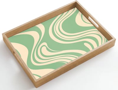 Dienblad hout 50x35 cm - Schootdienblad - Golvende lijnen - Mintgroen - Dansende vormen - Borrelplank rechthoek - Plateau dienbladen