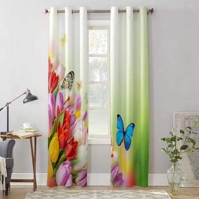 Boeket Tulpen Bloemen Met Vlinders Raambekleding Voor Woonkamer Luxe Slaapkamer Decor Gordijnen Keukenraambekleding 135W x 60H(cm) x1 beige