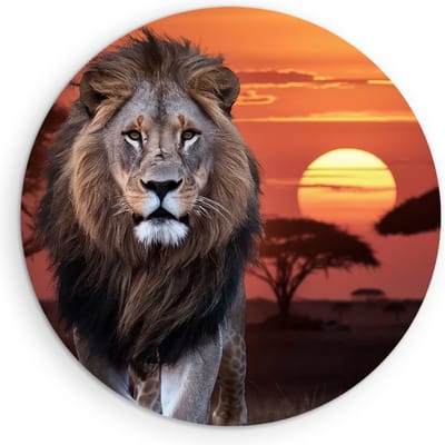 Saammp Muurcirkel Hout - Leeuw met afrikaanse zonsondergang - Dieren - Natuur - Ø 90 - Wandcirkel - Wanddecoratie Cirkel - Muurdecoratie Woonkamer - Slaapkamer decoratie - Rond Schilderij