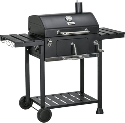 Houtskoolbarbecue - Grillwagen - Tuinbarbecue - Twee roosters - Inklapbare zijtafels - Opbergplank - Handvat - Buiten koken - 120x64x114cm - Zwart