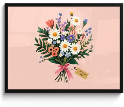 Poster in lijst - Fotolijst 70x50 cm - Posters - Margrieten - Boeket - Strikje - Roze - Posterlijst zwart - Decoratie - Wanddecoratie woonkamer - Muurdecoratie slaapkamer