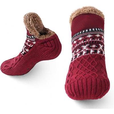 Winter Lamswol en Verdikte Vloersokken, Antislip Binnensokken voor Volwassenen, Warme Sneeuwsokken voor Thuis, Pantoffelsokken 35-39(24cm) wijnrode kleur