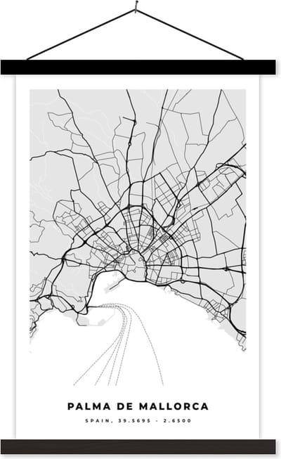 Posterhanger incl. Poster 40x60 cm - Schoolplaat - Mallorca - Stadskaart - Zwart Wit - Plattegrond - Kaart - Textielposter - Zwarte latten - Stadskaart