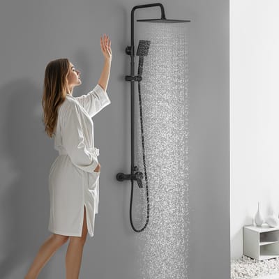 Auralum Max Regendouche Set - Compleet Doucheset - Van Duurzaam Brass Materiaal - 2 Verstelbare Douchekoppen - Verstelbare Hoogte 93-130 cm - Regendoucheset - Zwart