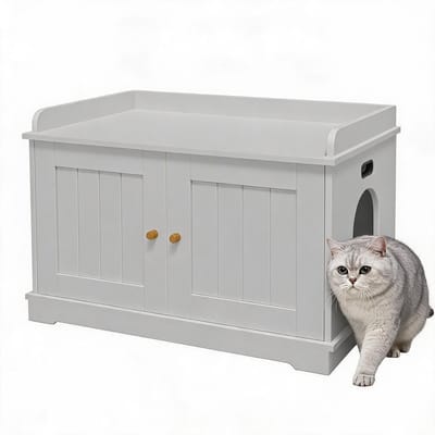 Modern houten kattenbakmeubel – verborgen kattenbakkast met schuurdeur en dubbele deuren, hondbestendig bijzettafel kattenhok voor grote katten met opbergruimte