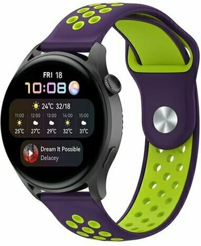 By Qubix - 22mm - Sport Edition siliconen band - Paars + groen - geschikt voor Huawei Watch 3 / 4 / 5 (pro) - 46mm & geschikt voor Huawei Watch GT / GT 2 / GT 3 (pro) / GT 4 (pro) / GT 5 (pro) / GT 6 (pro) 46mm / Ultimate / Ultimate