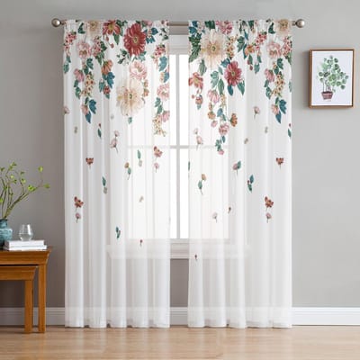 Zomerplanten Bloemen Transparante Gordijnen Voor Woonkamer Keuken Kinderen Slaapkamer Voile Hangend Gordijn 135W x 114H(cm) white