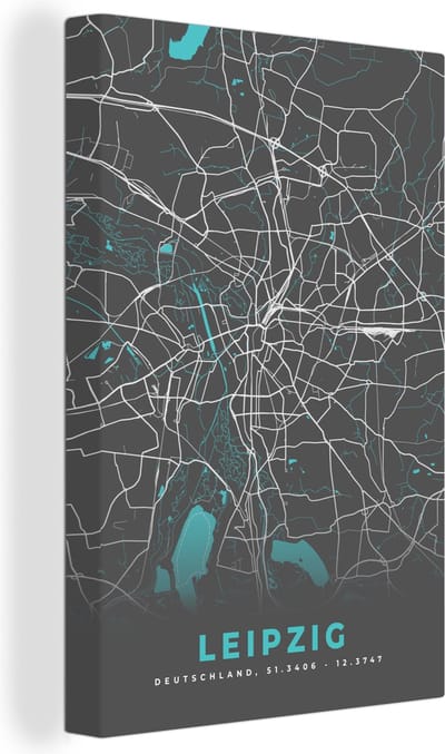 Canvas Schilderij Stadskaart – Leipzig – Duitsland – Plattegrond – Kaart - 20x30 cm - Wanddecoratie
