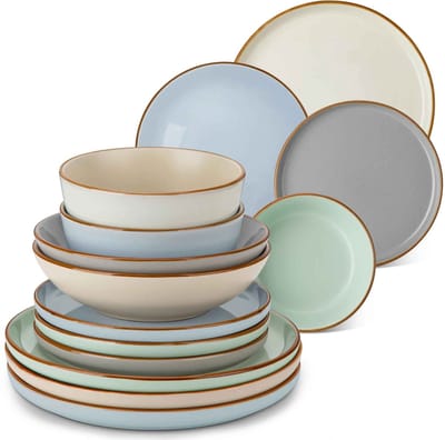 Casa Living Serviesset - Meerdere Kleuren - 4 Persoons - 16 Stuks - Steengoed - Keramiek - Crème / Blauw / Groen / Grijs