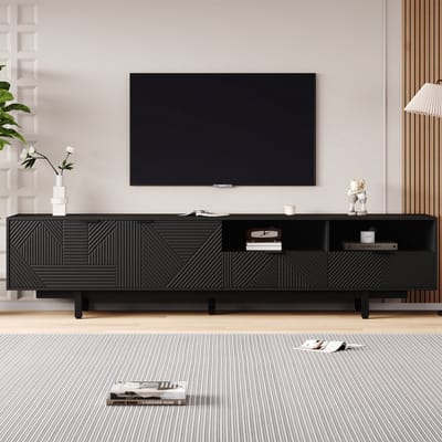 Pugsdrly Moderne Boheemse tv-kast met abstracte zwarte geometrische lijnen Tv-kast met moderne minimalistische kastdeurdecoratie met opbergruimte 200*40*51 cm, maximale capaciteit 90 inch tv