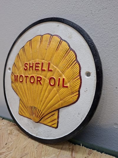 Gietijzeren wandbord Shell Logo Rond - 24.7x24.7x1.1cm - Mancave - Garage - Werkplaats - Tuin - Huis - Funproducts.nl