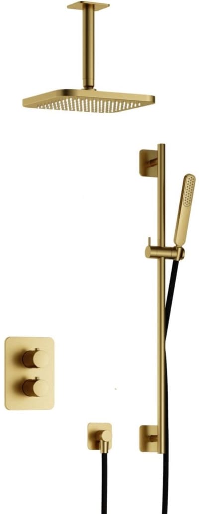 Hotbath Gal - Inbouw Regendoucheset - Geborsteld Messing PVD - Thermostatisch - Plafondbuis 15 cm - Hoofddouche 220 mm - Staafhanddouche - Glijstang 900 mm - met 2-Weg Stop-Omstel