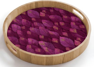 Dienblad rond 40x40 cm - Schootdienblad hout - Bladeren - Patroon - Burgundy - Borrelplank rechthoek - Plateau houten dienbladen