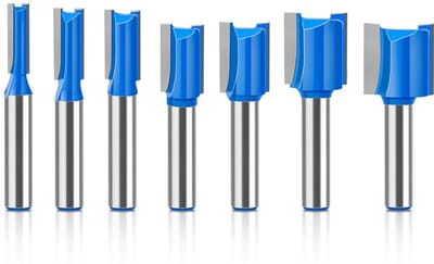 7-delige set rechte freesgereedschappen, schachtdiameter 8 mm, snijdiameters van 6 mm, 8 mm, 10 mm, 12 mm, 14 mm, 18 mm en 20 mm, rechte afwerkfrees voor houtbewerking, dubbelzijdige groeffrees.