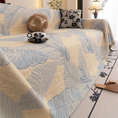 Katoenen Bankhoes - Plaid Sofa - Bank Beschermen - Bladpatroon Decoratie - 230x130cm - Geel